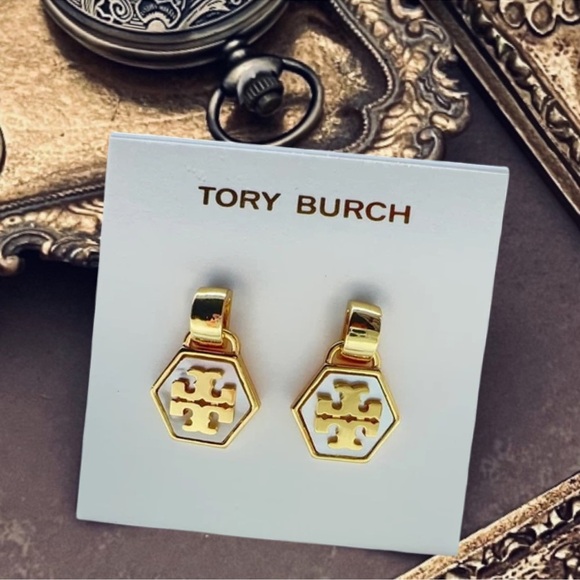 TORY BURCH • Mother of Pearl Hexagon Gold Drop Earrings - Picture 6 of 6